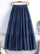 法式蓝色棉麻布料拼接半身长裙女夏季大摆裙子高腰显瘦蛋糕裙1561