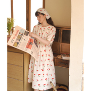 MintCheese独立设计 法式少女 复古田园感 樱桃印花蕾丝连衣长裙