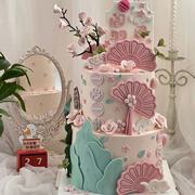 粉色系国风宝宝周岁蛋糕甜品台中式扇子花朵翻糖巧克力烘焙模具