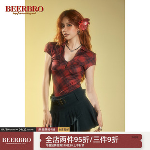 BeerBro 美式辣妹V领格子短袖针织衫牛奶丝面料紧身显瘦上衣
