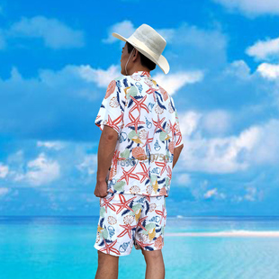 海南岛服人造棉吸汗居家衬衫，短袖印花沙滩休闲旅游宽松情侣度假