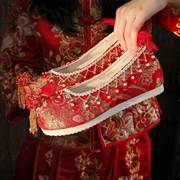 婚鞋秀禾鞋中式内增高布鞋红色新娘鞋平底绣花鞋古风女汉服鞋子L