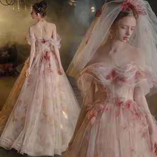宴会晚礼服2024粉色花朵新娘，结婚订婚敬酒服婚纱演出服主持人
