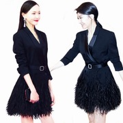2024春季女外套韩版时尚西装唐嫣明星同款连衣裙式中长款黑色风衣