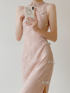 srose温婉妃红复古新中式，少女旗袍改良款无袖，显瘦惊艳粉色连衣裙