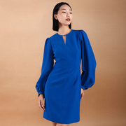 brandbymei时髦感宝蓝色，灯笼泡泡袖设计纯色，宽松过膝长袖连衣裙