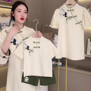 中国风汉服亲子装母女，2023夏季一家三口母子，旗袍洋气唐装套装