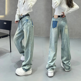 2023春季韩版长裤高腰，设计水洗浅色拼接撞色百搭休闲牛仔裤女