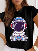 astronauttshirt夏季女装黑色卡通宇航员，印花圆领大码亲子装