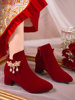 小高跟婚鞋禾秀婚纱两穿冬季加绒短靴新娘，孕妇婚宴订婚敬酒服红鞋