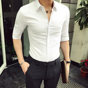 夏季男士短袖衬衫男青少年中袖，衬衣韩版修身白色，发型师七分袖寸衫