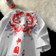 特大码300斤国潮中国风凤凰短袖T恤男女夏季美式纯棉宽松半袖体恤