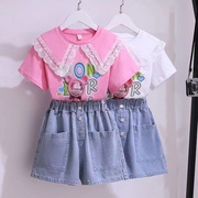 女童牛仔套装夏款2024韩版洋气女孩短袖花边T恤中大童两件套