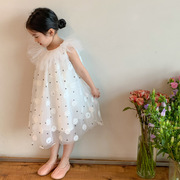 韩国童装女童背心裙子夏季洋气娃娃领网纱绣花宝宝连衣裙