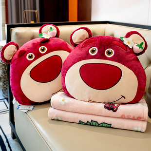 正版迪士尼草莓熊抱枕公仔毛绒玩具三合一暖手抱枕毯子多功能靠垫