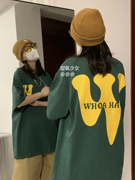 甜氧少女 国潮美式街头小众设计复古情侣字母绿色短袖纯棉T恤男女