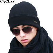 CACUSSZ0079羊毛毛线帽子男士双层加厚保暖护耳帽翻边针织帽子黑