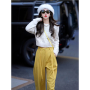 韩系女团风穿搭洋气小众休闲时尚套装女亮片针织上衣亮黄色阔腿裤