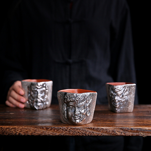 银茶杯9999纯银杯子纯手工，达摩紫砂鎏银主人单杯中式复古大圣茶碗