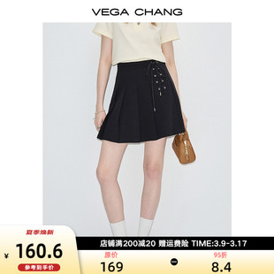 VEGA CHANG黑色半身裙2024年夏季绑带设计感显瘦百褶A字短裙