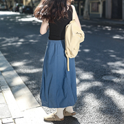 艺野系复古蓝色半身裙女日式工装裙小个子气球，裙高腰a字花苞裙