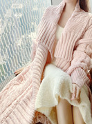 “pink系列”春季温暖感重磅减龄粉色立体长，款外套棒针长袖大毛衣