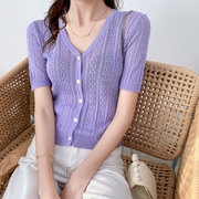 紫色冰丝针织衫开衫女薄款外搭夏季镂空V领短袖温柔百搭上衣