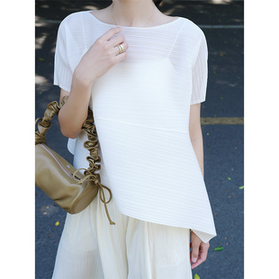 whitecube2024设计感上衣夏款仙气飘飘短袖三宅风褶皱气质感T恤女