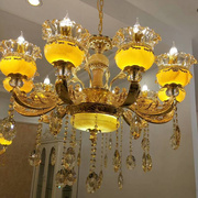 欧式客厅玉石水晶吊灯蜡烛灯，别墅复式楼奢华灯饰天然真黄龙玉灯具
