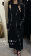 ZADA韩国2024夏季韩版简约开襟长袖小衫+撞色长款吊带两件套