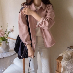 c107小米家韩国女装多巴胺春秋，长袖纯棉粉色，宽松牛仔衬衫上衣外套