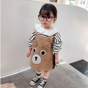 女童套装韩版条纹荷叶领t恤加卡通熊儿童(熊，儿童)背带裙秋装外贸童装