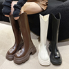 白色长筒靴子女2023年秋季棕色厚底高筒，骑士靴v口瘦瘦长靴子