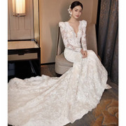 蕾丝鱼尾礼服高级感小拖尾婚纱，2024白色新娘，出门纱婚纱礼服