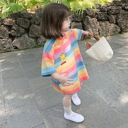 女童夏季宽松t恤韩版儿童，长款条纹休闲裙，时尚女宝宝彩虹短袖上衣