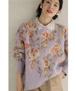 日本海外直邮2023秋冬女装复古紫罗兰花纹花朵针织衫毛衣