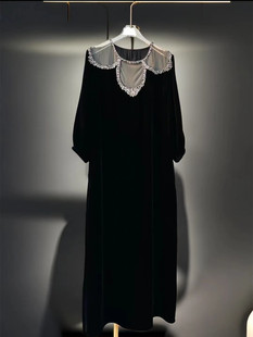 黑色衬衫女大码女装网纱丝绒手工钉钻气质奢华大牌高端连衣裙