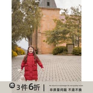 史豌豆童装女童红色中长款棉服2023冬季儿童保暖棉衣宝宝外套