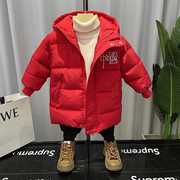 男童棉服冬季中长款加厚棉衣2023红色拜年宝宝儿童羽绒棉外套