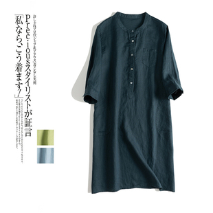 日系简约风客供法国纯亚麻，半门襟立圆领套头，五分袖中长款连衣裙