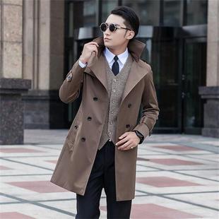 韩版品牌男士加肥加大码春秋装中长薄款大衣风衣双排扣修身外套70