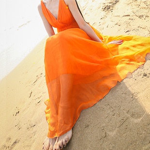 波西米亚风情吊带雪纺连衣裙大摆裙海边度假沙滩裙摩登华尔兹舞裙