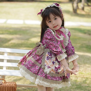 女童长袖公主裙小女孩西班牙连衣裙，儿童生日礼服，裙紫色蕾丝洛丽塔