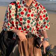 旅游沙滩玫瑰花衬衫男女，2024夏季潮牌港风复古短袖衬衣情侣薄外套