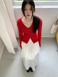 Yohaaa自制 早春韩系V领显瘦修身红色显白开衫女百搭长袖上衣