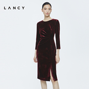 lancy朗姿新年宴会，丝绒连衣裙女士高级感收腰显瘦法式中长款裙子