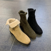 韩国东大门棉靴女时尚绒面圆头，侧拉链羊羔，毛加绒保暖平底雪地靴子