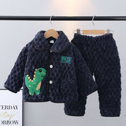 冬季儿童法兰绒三层加厚夹棉睡衣套装男童宝宝卡通恐龙保暖家居服