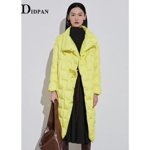 idpan女装冬季气质时尚品牌设计保暖白鸭绒(白鸭绒，)柠檬黄长羽绒服女