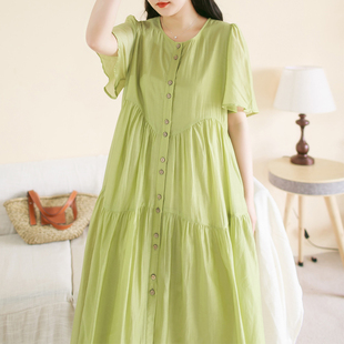 送一夏气质果绿色连衣裙，大码宽松显瘦飘逸仙女裙